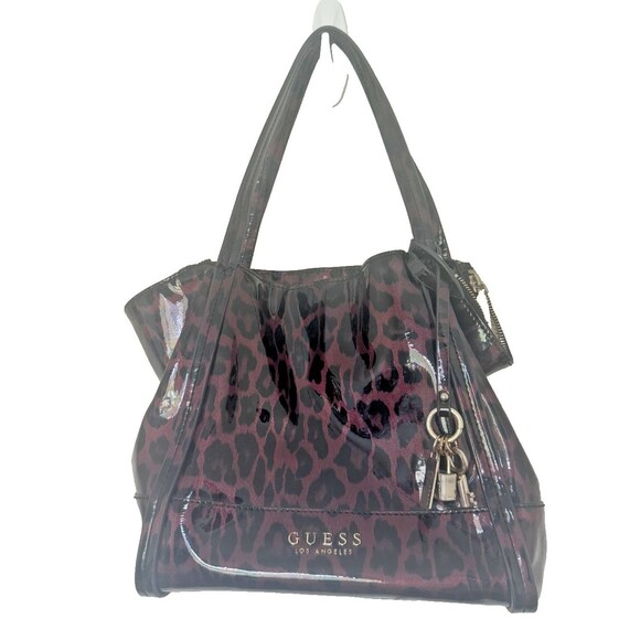 VTG Guess Heidi Patent Leopard Tote Bag  Small Purple/Black Metallic RP $130 Y2K - Picture 1 of 12